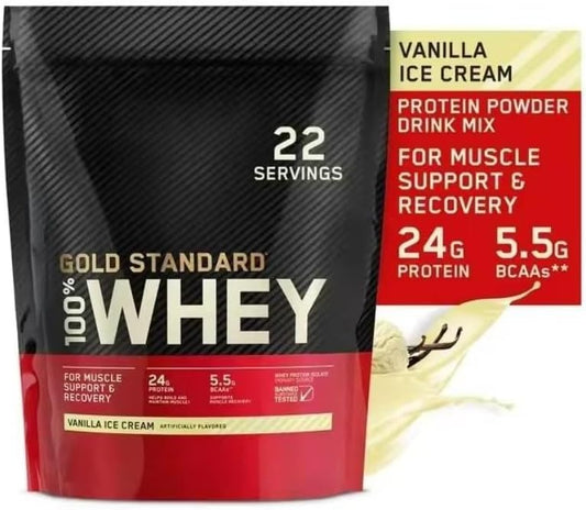 100% Whey Protein Powder Whey Isolate Gluten-Free 100% Protein Powder Sports Fitness Gold Standard 100% Whey Protein Powder 22 Servings-24 G Protein-5.5 G BCAA Vanilla Ice Cream